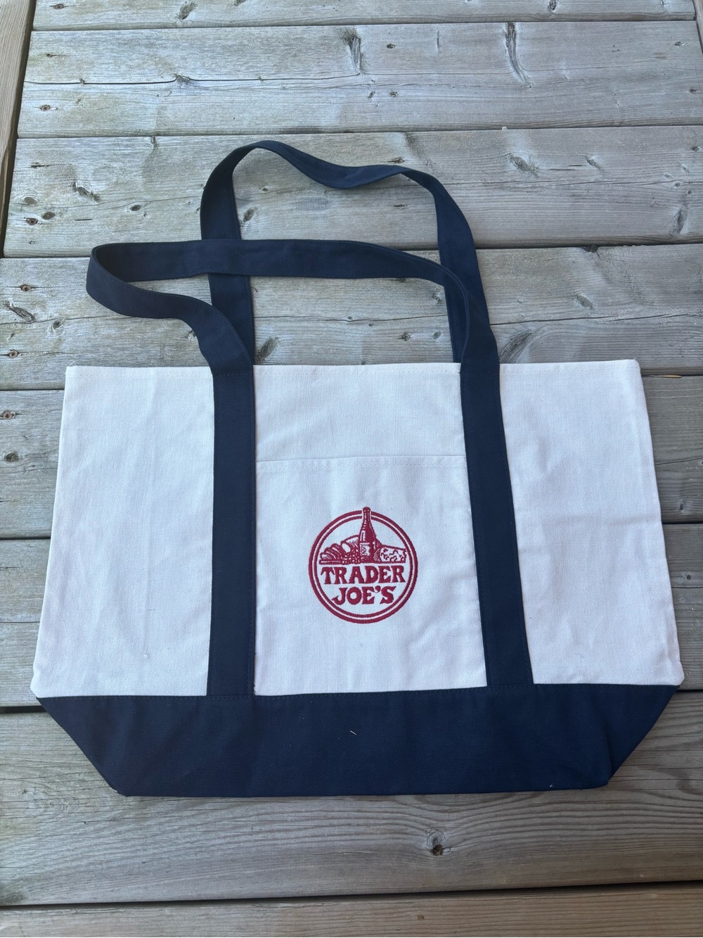 Trader Joe's Trader Joe Large Canvas Tote Bag Navy Blue Cream Red Graphic
